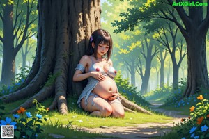 A pregnant woman sitting in the grass under a tree.