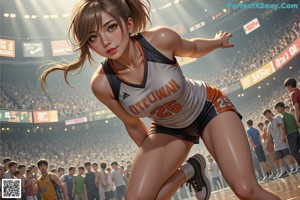 A woman kneeling on a basketball court with a ball in her hand.