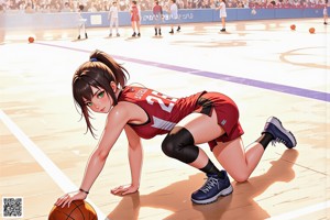 A girl in a cheerleading uniform holding a basketball.
