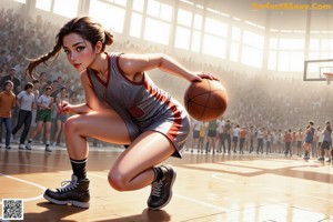 A woman in a basketball uniform holding a basketball on a court.