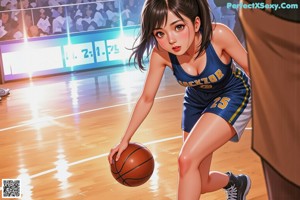 A woman in an orange and black uniform dribbling a basketball.