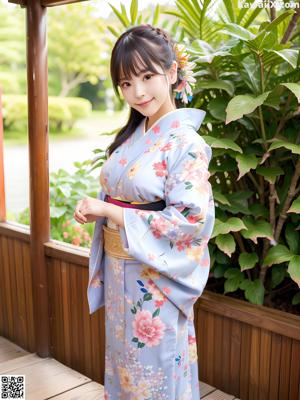 A woman in a blue kimono standing next to a flower pot.