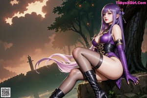 A woman in a purple outfit sitting on a chair.