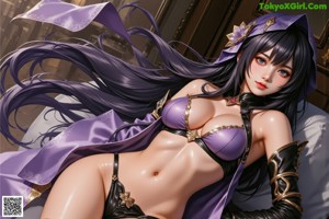 A woman with purple hair wearing a purple bikini.
