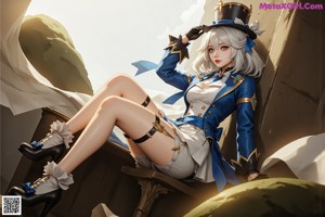 A woman with long blue hair sitting on top of a table.