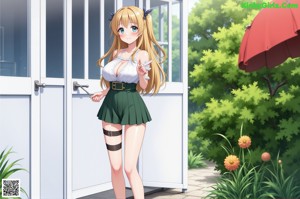 Anime girl with big tits sitting on a bench.
