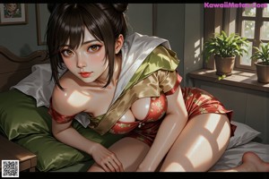 A woman sitting on a bed wearing a beige shirt and shorts.
