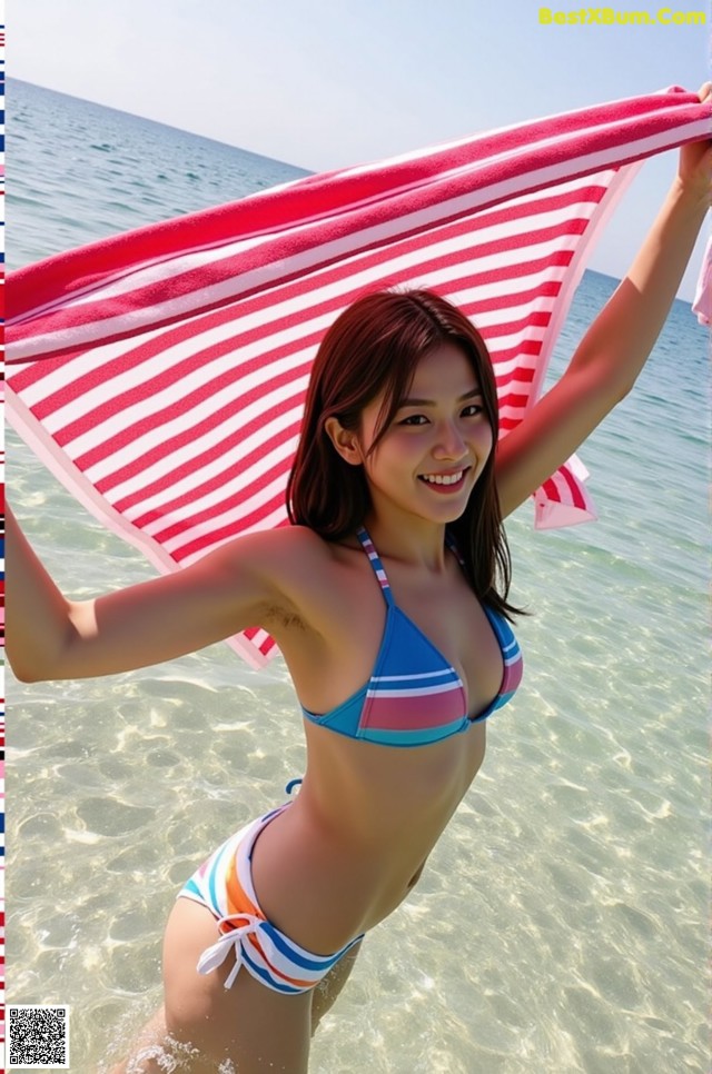 A woman in a bikini holding a red and white striped towel.