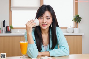 A naked asian woman standing in front of a white curtain.