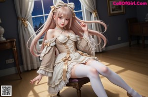 A woman in a dress is posing on a bed.
