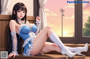 A woman in a blue and white dress sitting on a bed.