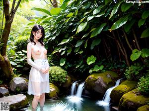 A woman in a white shirt and blue skirt posing for a picture.