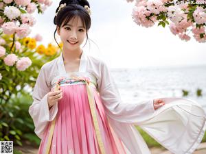 A woman in a pink kimono posing for a picture.