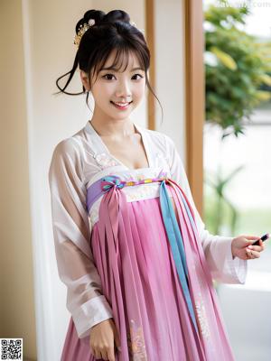 A young girl wearing a colorful hanbok is posing for a picture.