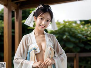 A woman in a white lingerie posing in a garden.