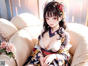 A woman in a kimono sitting on a bed.