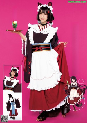 A woman in a red and black outfit is posing for a picture.