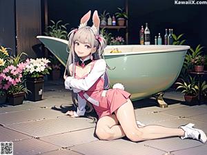 A girl in bunny ears sitting on a couch holding two stuffed animals.