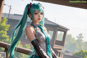 A woman with long blue hair standing on top of a rock.