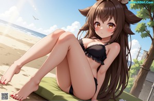 A girl in a bikini holding a stuffed animal.