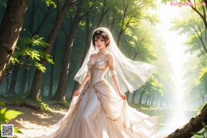 A woman in a wedding dress holding a bouquet of flowers.
