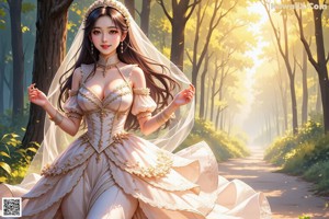 A woman in a wedding dress standing in a forest.