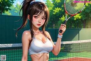 A woman in a black top and white skirt holding a tennis racket.