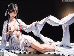 A woman in a white kimono holding a flower.