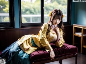 A woman in an orange kimono sitting in a bathtub.