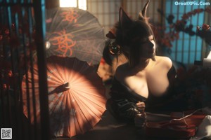 A woman in a cat costume sitting on a fur rug.