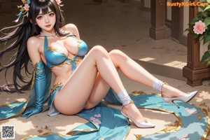 A woman in a white and gold outfit sitting on the ground.