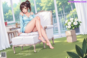 A woman sitting on top of a bed next to a window.