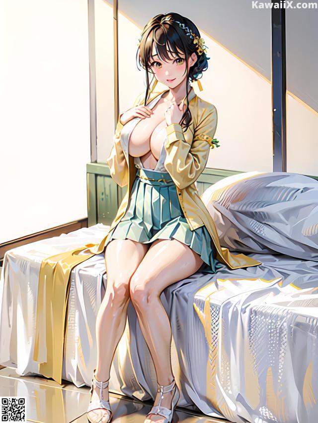 A woman sitting on top of a bed next to a window.
