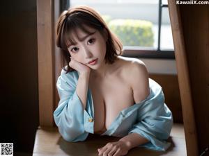 A woman in a blue robe sitting on a bed.