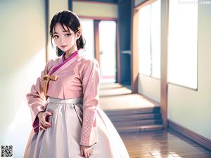 A woman in a pink hanbok standing in front of a door.
