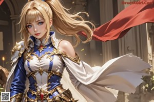 A woman in a white dress holding a sword.