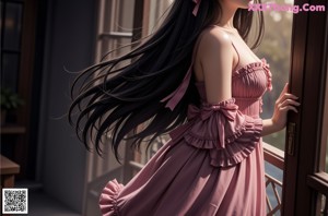 A woman in a pink dress and hat sitting on a bench.
