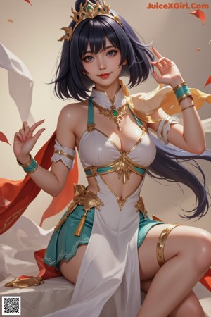 A woman in a white and blue outfit with a crown on her head.