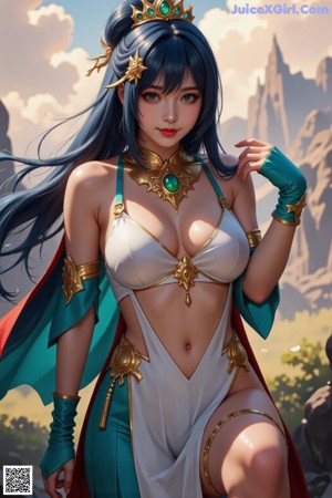 A woman with long blue hair wearing a white dress.