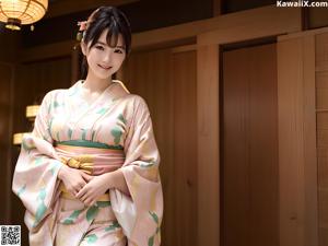 A woman in a kimono sitting on a bed.