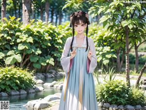 A woman in a white robe holding a sword.