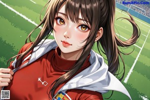 A girl with long black hair standing in front of a soccer field.