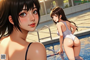 A woman in a black bikini sitting on the edge of a swimming pool.