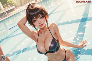 A woman in a bathing suit standing in a pool.