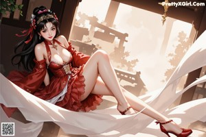 A woman in a red and white dress standing by a window.