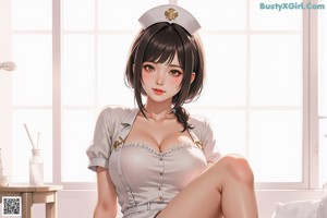 A woman in a nurse outfit sitting on a chair.