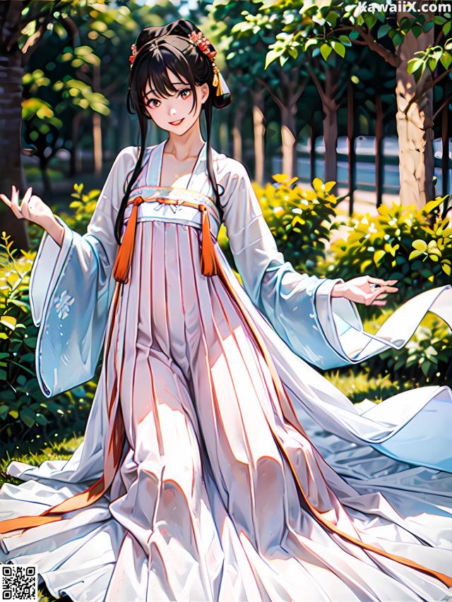 A woman in a long white dress standing in a park.