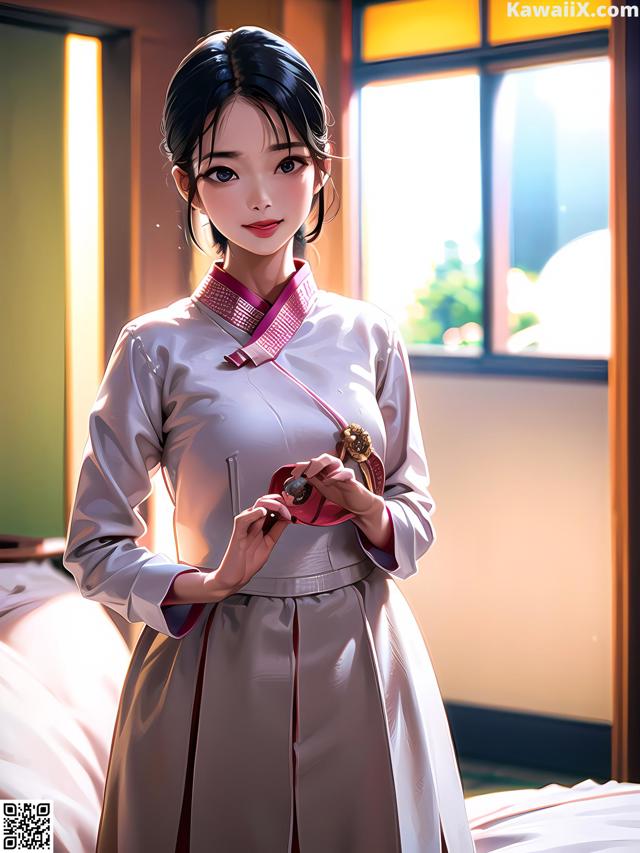 A woman in a white dress standing in front of a window.
