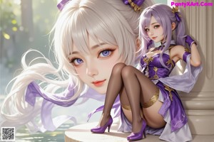 A woman in a purple and white outfit is posing for a picture.