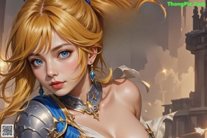 A woman in a blue and gold outfit holding a sword.